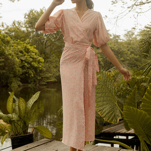 Short Mushroom Sleeve Long Dress in Sakura Crepe - image