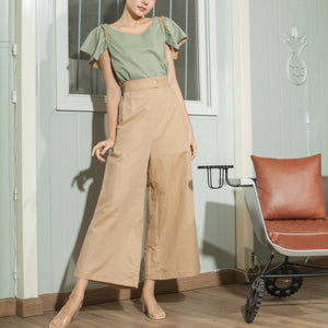 Single Button Flat Front Waistband Back Elastic Wide Hem Pants in Copper Linen - image