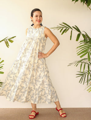 TAMMY TIERED DRESS IN BLUE LEAFY PRINT - image