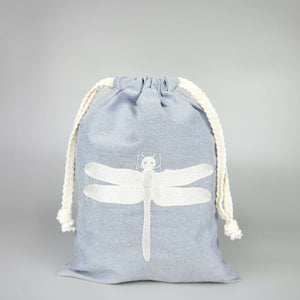 Dragonfly on Blue Cotton Chambray Medium Drawstring Pouch - image