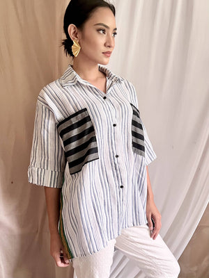 Lakwatchera Blue Linen Polo with Binakol Weave Sides and Big Pockets - image