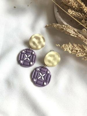 Purple Round Tile Polymer Clay Earrings - image