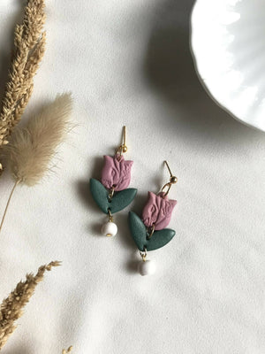 Pink and Green Tulip Polymer Clay Earrings - image