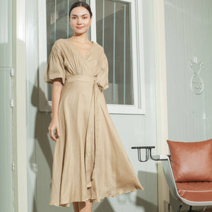 Short Mushroom Sleeve Wrap Midi Dress - image