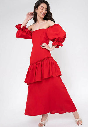 LUINIA Linen Puff Sleeve Dress Red - image