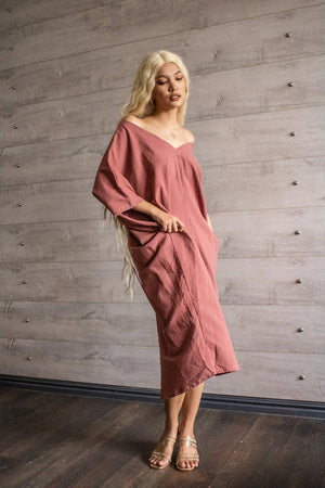 Rustic Brown Cotton Linen Dress Free Size - image
