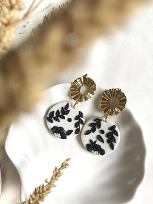 Blanc and Noir Floral Polymer Clay Earrings - image
