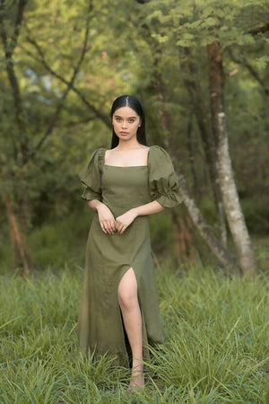 MARION Puff Sleeve Long Dress in Moss Green - image