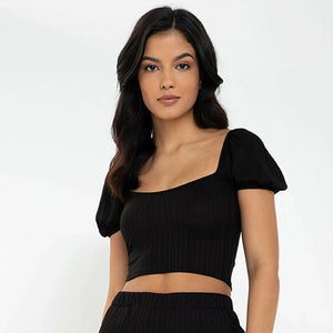 Marga Cropped Top with Puffed Sleeves - Black - image