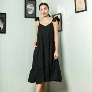 Adjustable Scallop Shoulder Detail Shirred Dress in Black Linen - image