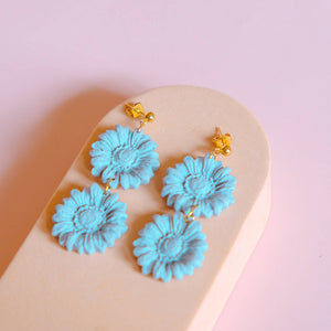 Teal Double Floral Polymer Clay Statement Earrings - image