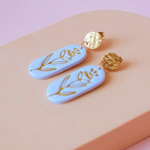 Floral Blue Emboss Polymer Clay Statement Earrings - image